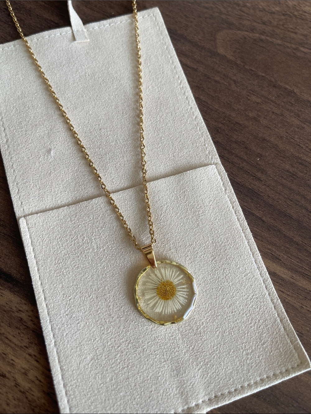 Gold Daisy Pendant Necklace with Clear Resin Charm